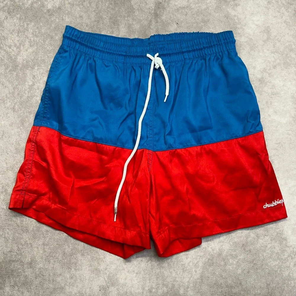 Chubbies Mens Size Large Blue Red Colorblock Swim Trunks USA Drawstring